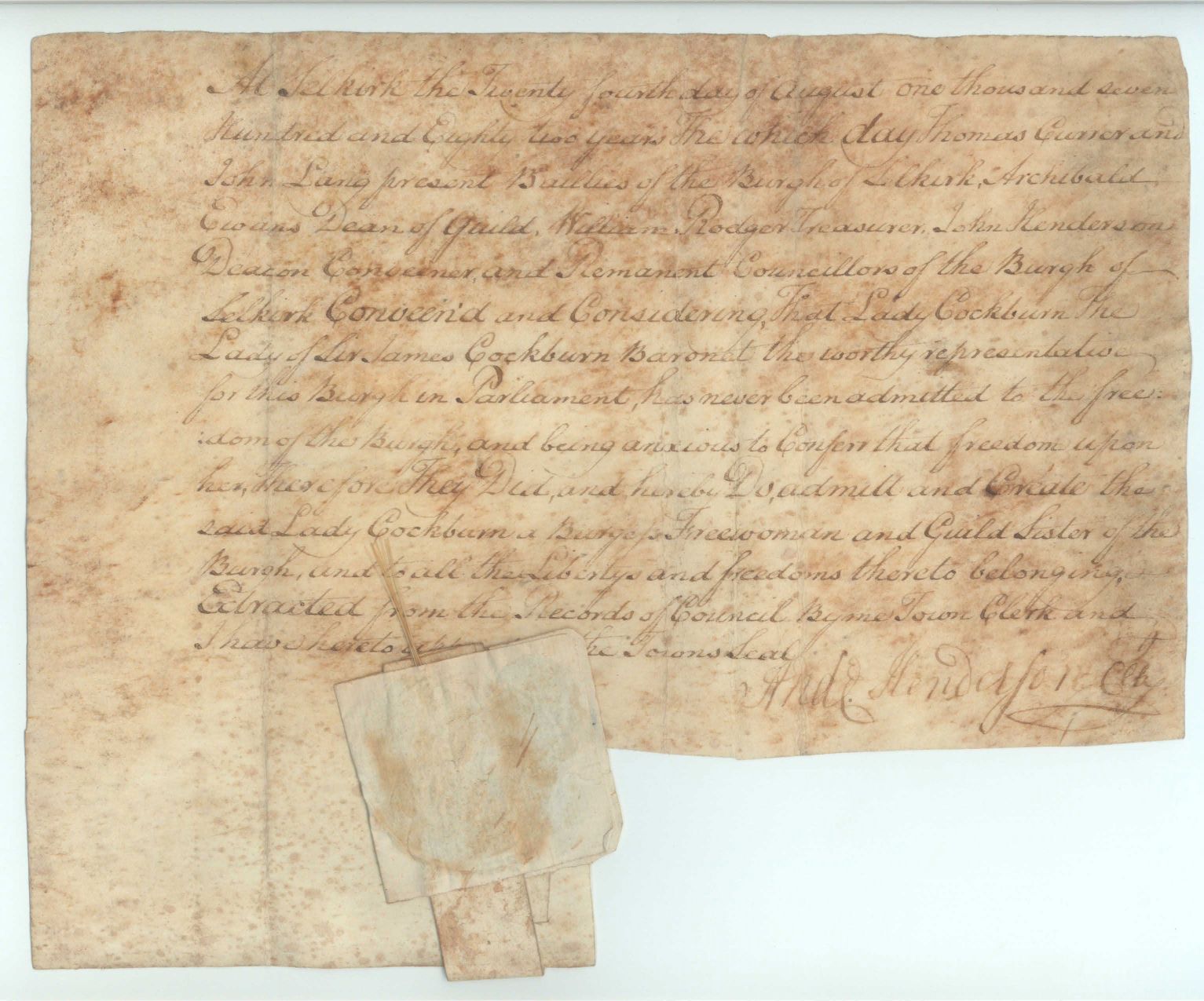 BURGH OF SELKIRK — 'Burgess Ticket' for Augusta Anne, 1748 or 1749-1837, | Sophie Dupré Autographs