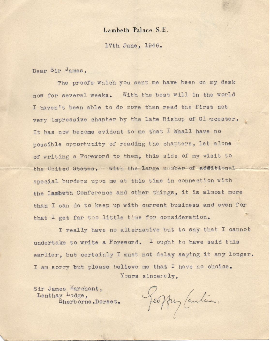 FISHER — 2 Typed Letter Signed to the Revd. Sir James Marchant, 1867-1956, | Sophie Dupré Autographs