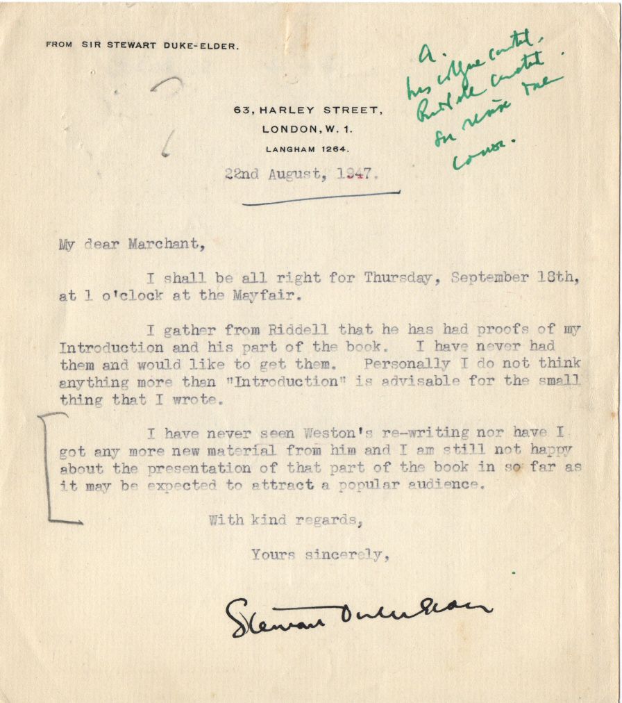 'EYES IN INDUSTRY' — Group of 22 Typed Letter Signed or Autograph Letter Signed, addressed to the Revd Sir James Marchant, | Sophie Dupré Autographs