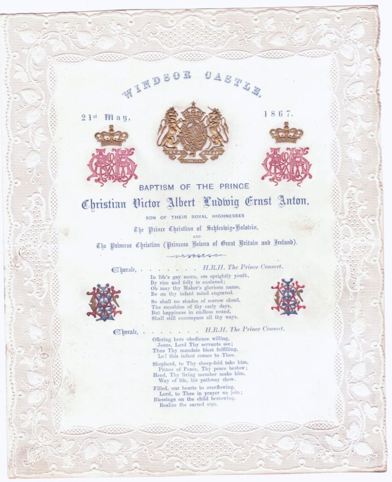 CHRISTIAN VICTOR — Exceptional printed hymn sheet for the Prince's baptism, | Sophie Dupré Autographs