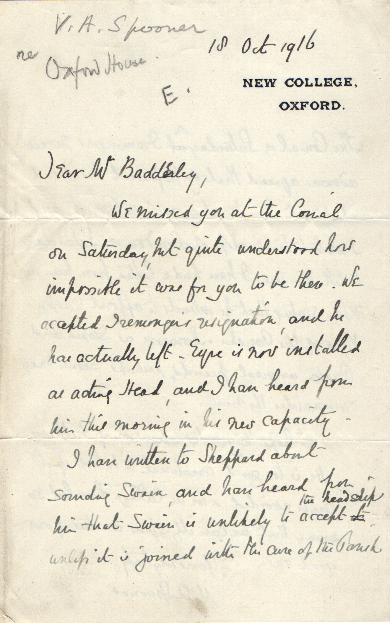 SPOONER — Autograph Letter Signed to Mr Baddeley, | Sophie Dupré Autographs