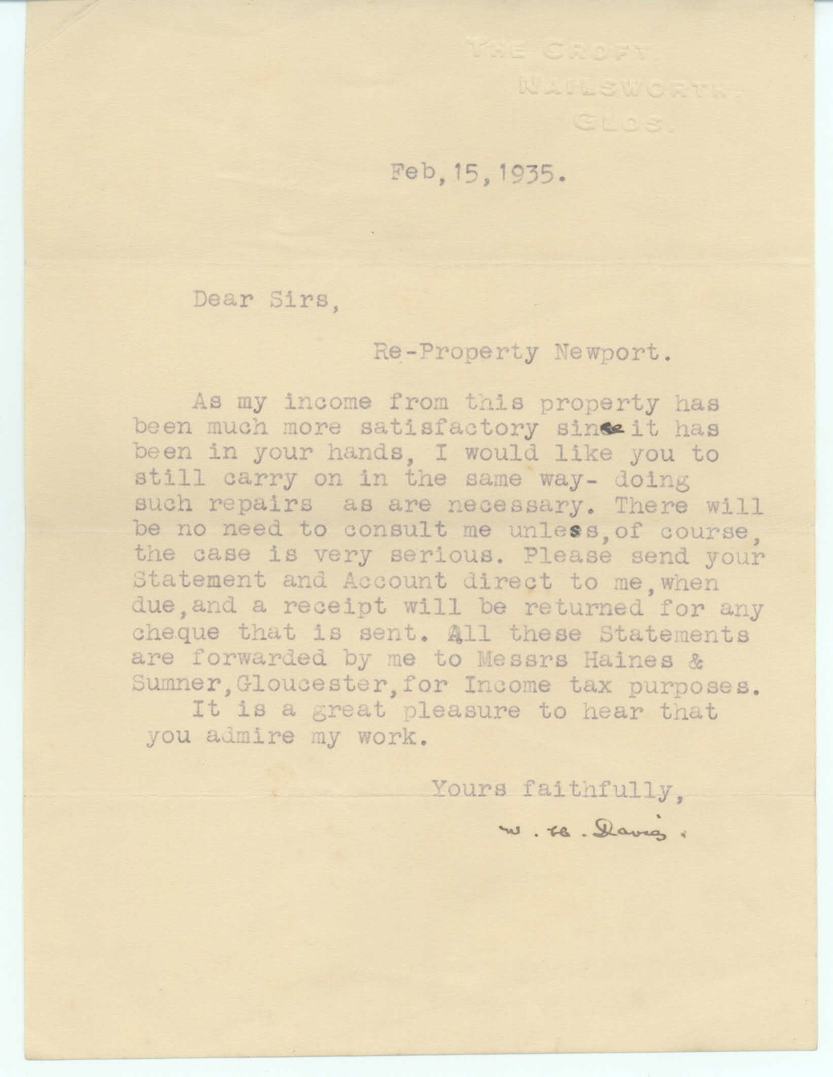 DAVIES — Typed Letter Signed to his solicitors, H. Willmett & Sons of Newport Monmouthshire, | Sophie Dupré Autographs