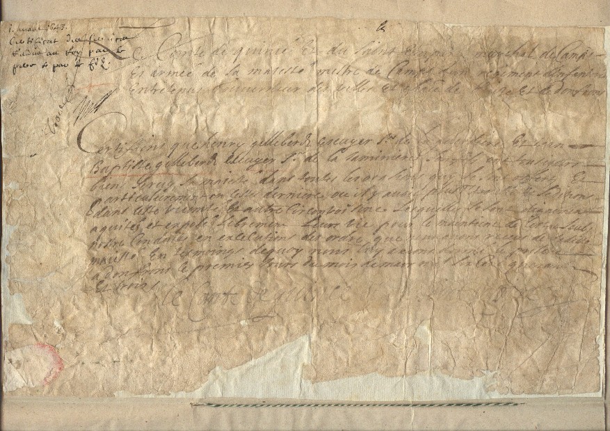 QUINCÉ — Certificate of honourable service, in French with translation, | Sophie Dupré Autographs