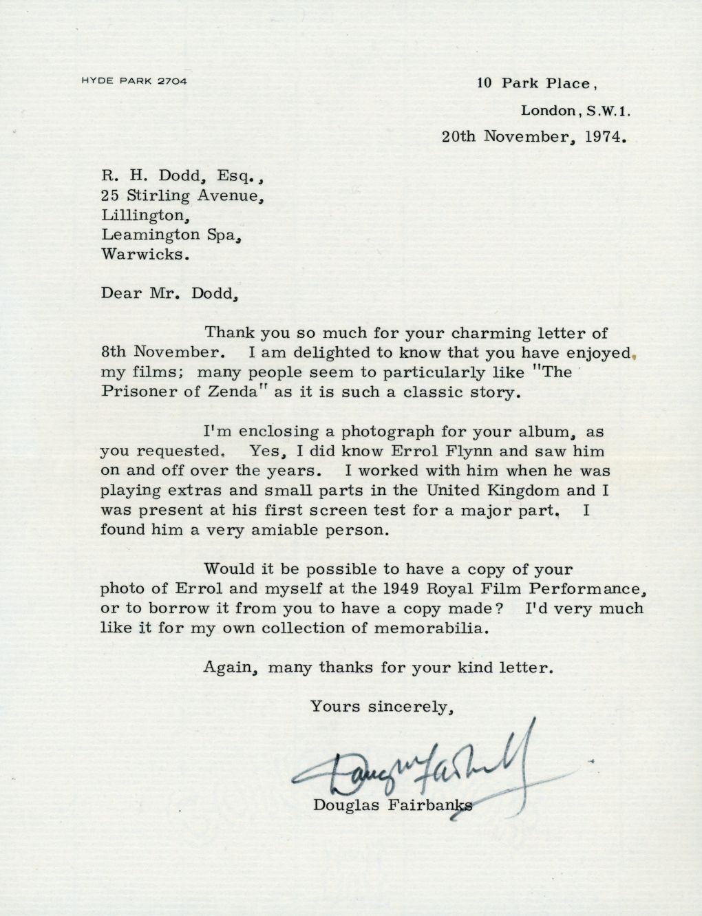 FAIRBANKS — Fine Typed Letter Signed addressed to R.H.Dodd, | Sophie Dupré Autographs