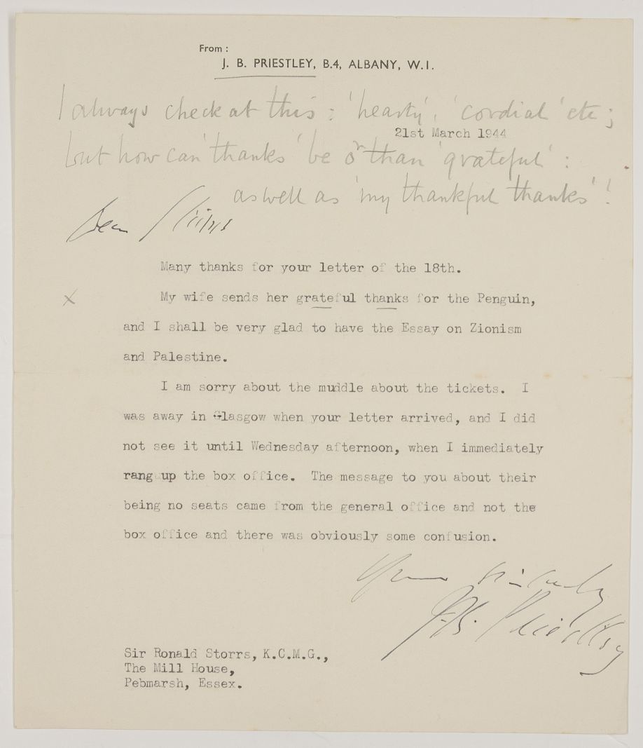 PRIESTLEY — Typed Letter Signed to 'Dear  STORRS ' | Sophie Dupré Autographs