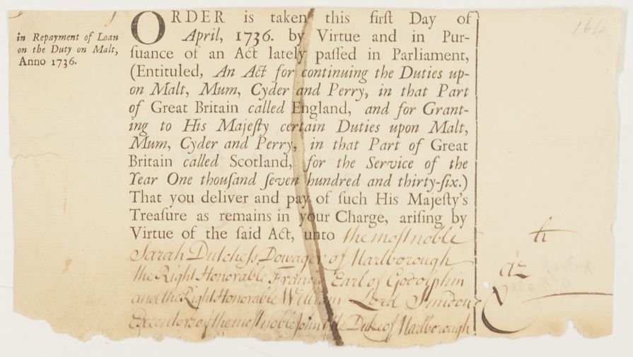 MARLBOROUGH — Signature on the verso of a part printed treasury order | Sophie Dupré Autographs