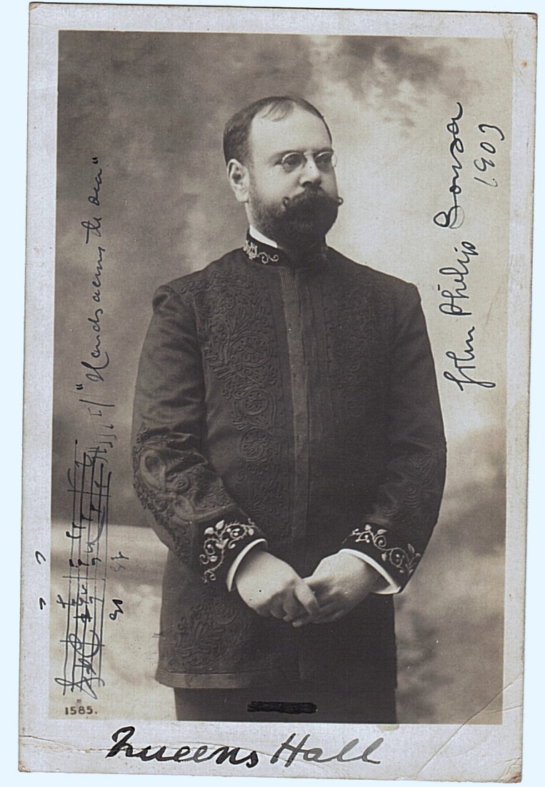 SOUSA — Fine postcard photo by J. Beagles, signed and dated  with an autograph musical quotation | Sophie Dupré Autographs