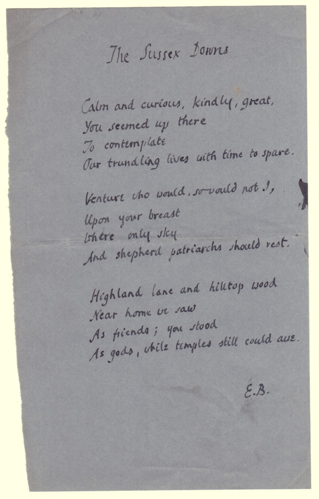 BLUNDEN — Autograph fair copy signed with initals of his poem The Sussex Downs in blue ink, | Sophie Dupré Autographs