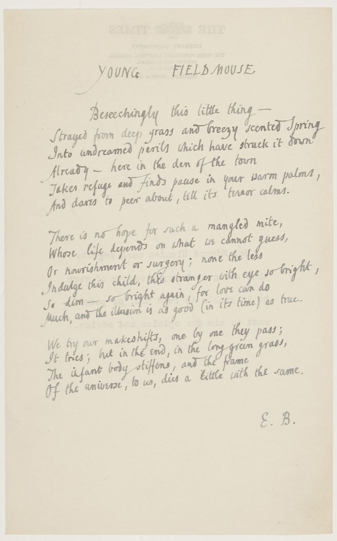 BLUNDEN — Autograph fair copy signed with initials of his poem Young Field Mouse in blue ink on the back of  a piece of  Times Literary Supplement headed paper, | Sophie Dupré Autographs