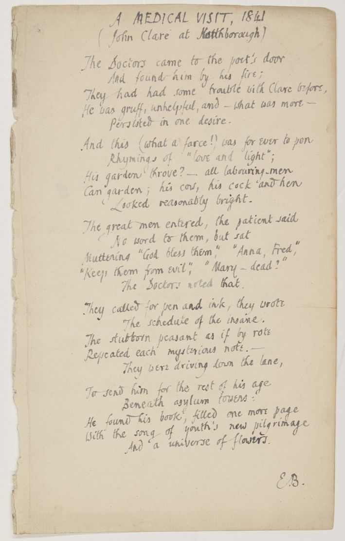 BLUNDEN — Autograph fair copy signed with initials of his poem A Medical Visit, 1841, (John Clare at Northborough) in black ink, | Sophie Dupré Autographs
