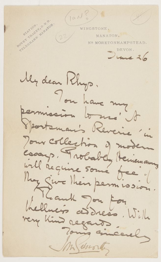 GALSWORTHY — LS in Ada's hand to My Dear Rhys, on Wingstone, Manaton, Nr Moretonhamstead, Devon, headed paper, signed, | Sophie Dupré Autographs
