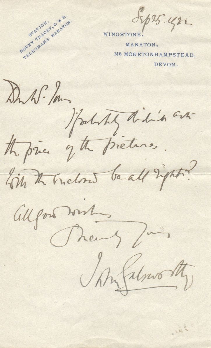 GALSWORTHY — Autograph Letter Signed to W.H.Jones, | Sophie Dupré Autographs