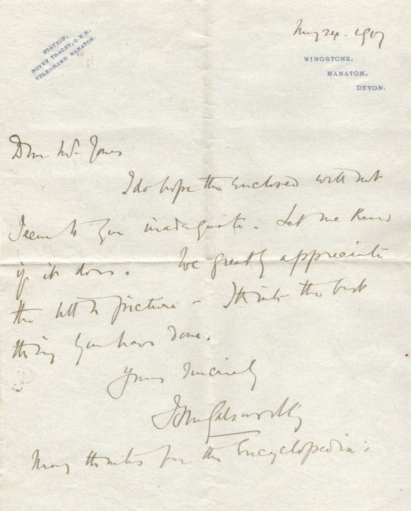 GALSWORTHY — Autograph Letter Signed to W.H.Jones | Sophie Dupré Autographs