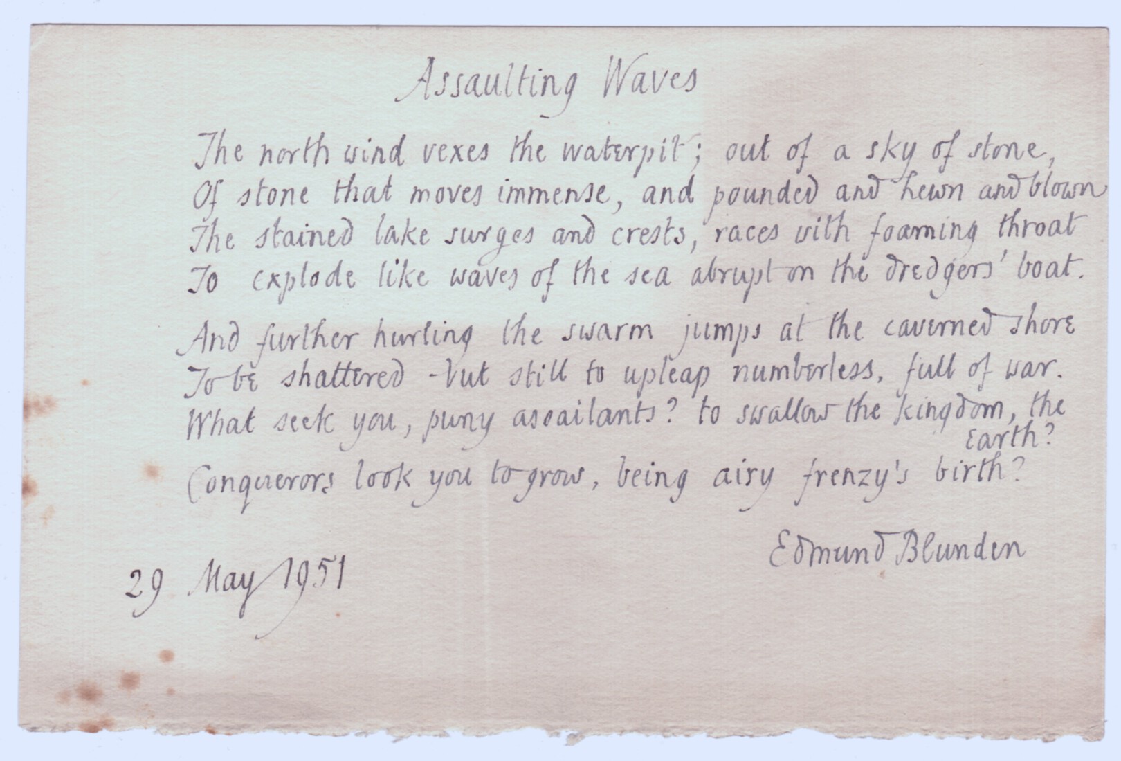 BLUNDEN — Autograph fair copy signed of his poem Assaulting Waves in black ink, | Sophie Dupré Autographs
