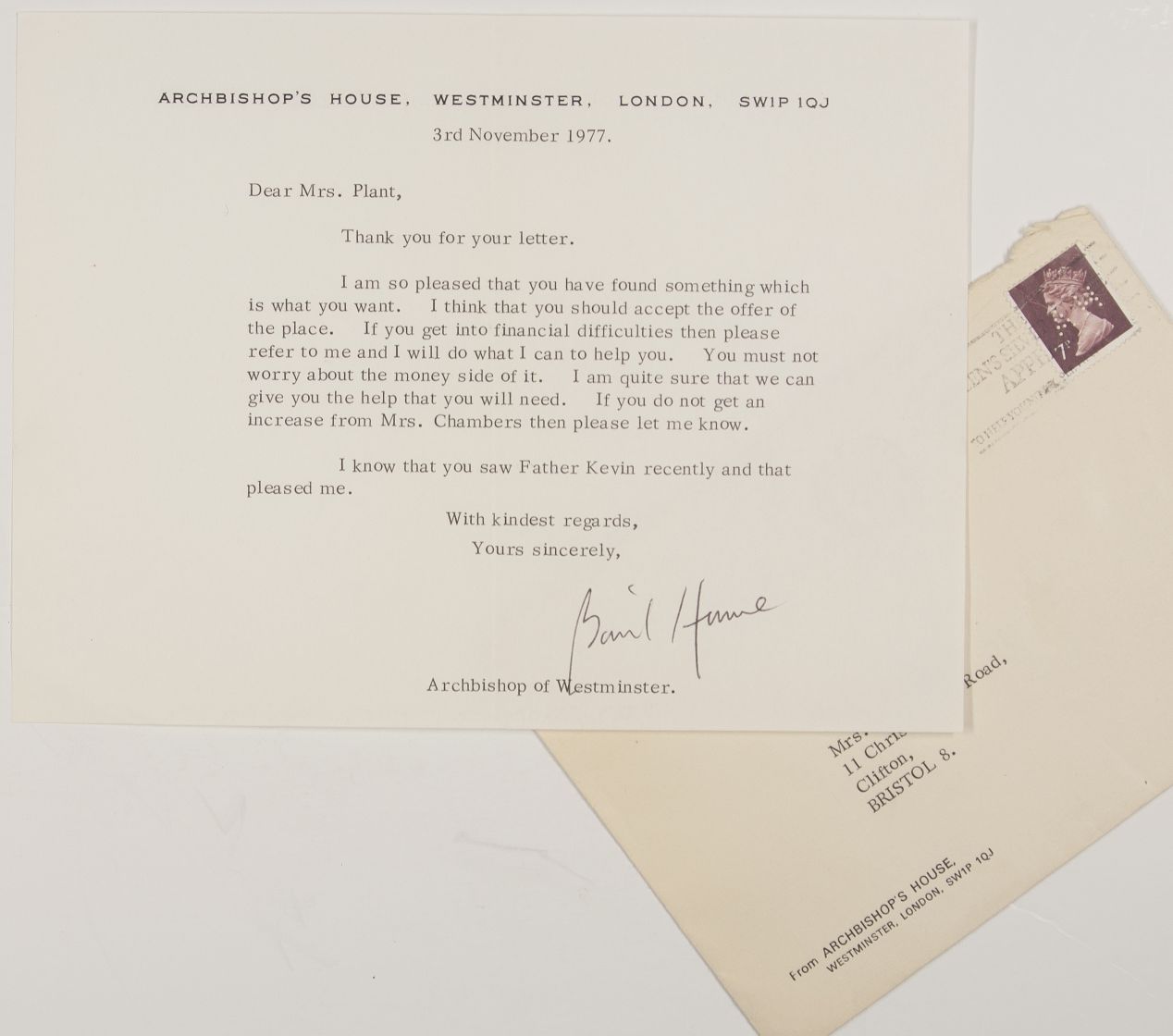 HUME — Typed Letter Signed to Dear Mrs Plant on Archbishop House, Westminster notepaper, | Sophie Dupré Autographs