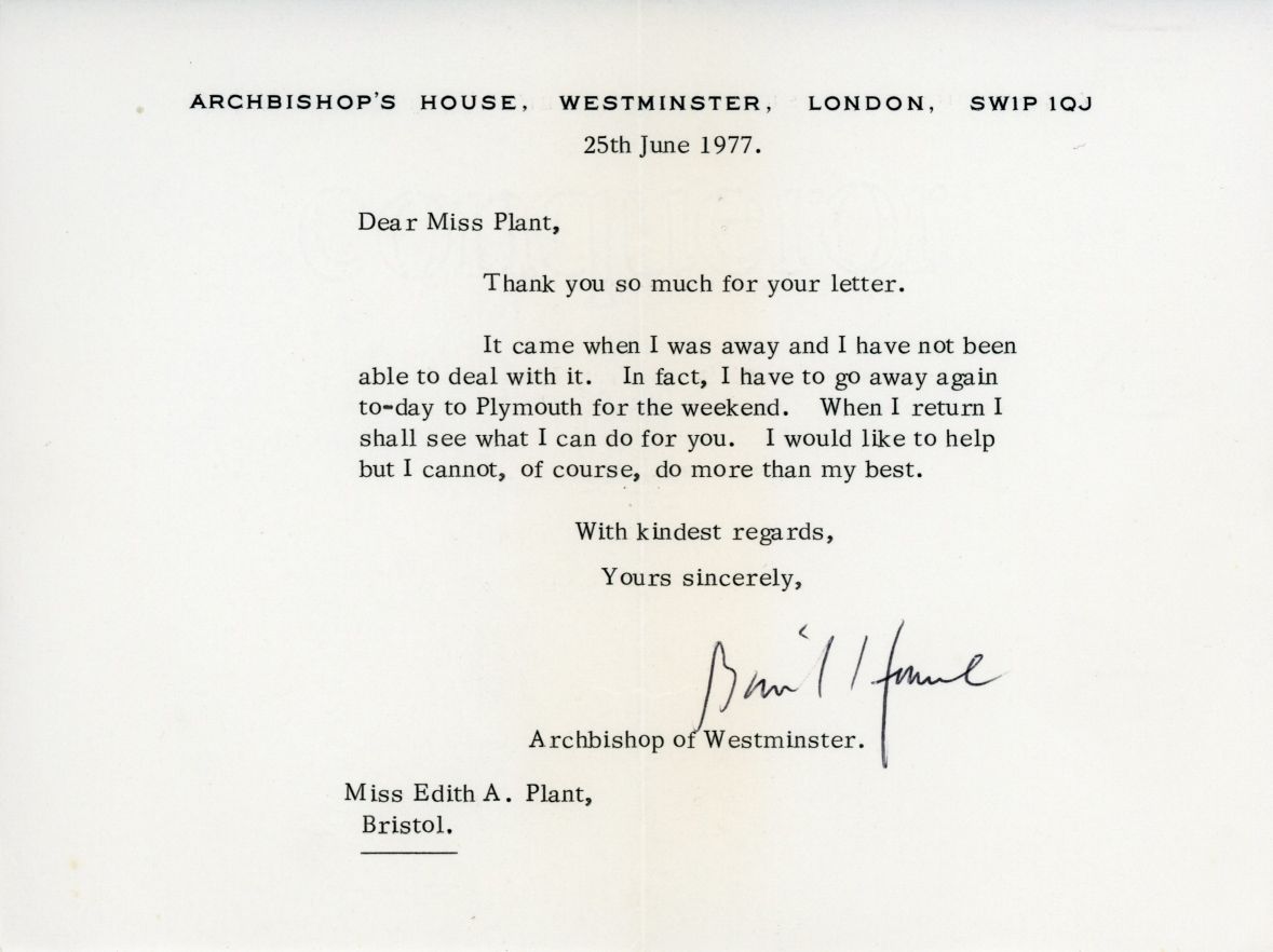 HUME — Typed Letter Signed to Dear Mrs Plant on Archbishops House, Westminster, notepaper, | Sophie Dupré Autographs