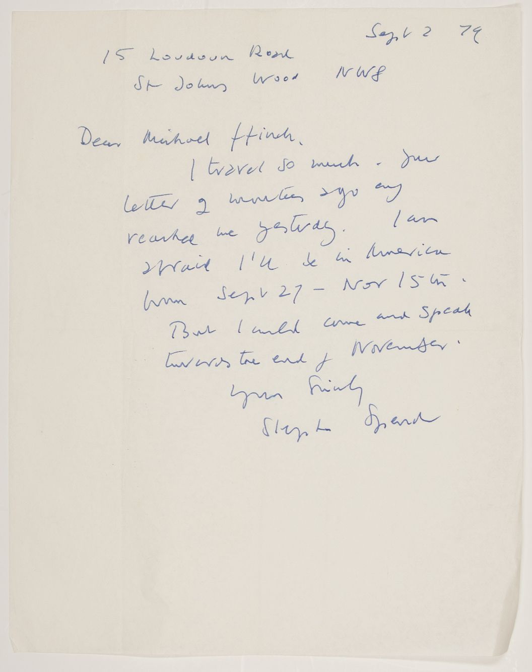 SPENDER — Autograph Letter Signed to Michael Ffinch (Cumbrian poet and author), | Sophie Dupré Autographs