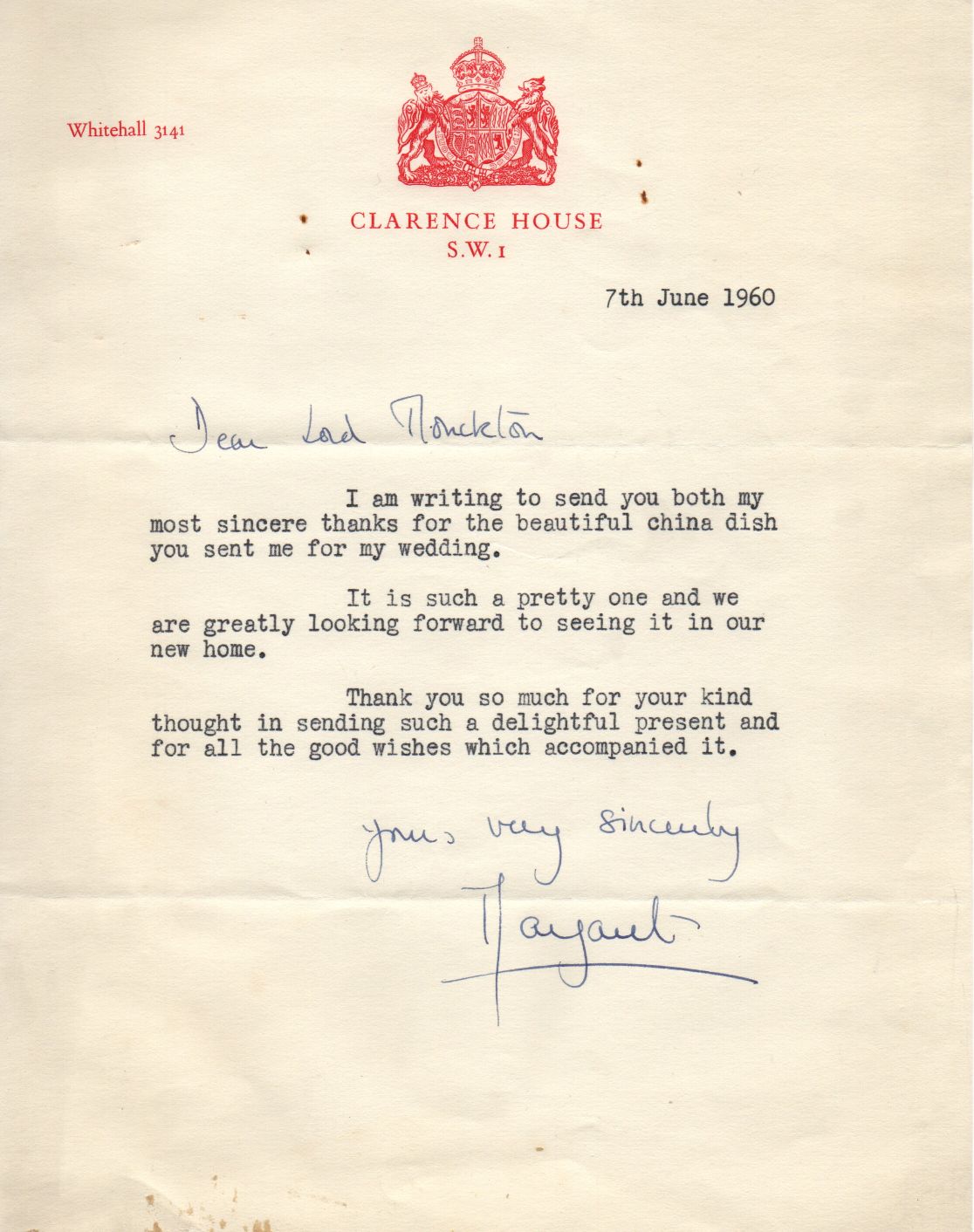 MARGARET — Typed Letter Signed to Dear Lord  MONCKTON  (Gilbert Walter Riverside, b. 1915, 2nd Viscount Brenchley, Major-General), | Sophie Dupré Autographs