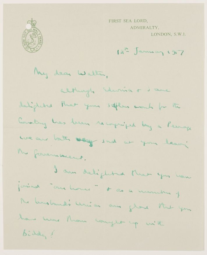 MOUNTBATTEN — Autograph Letter Signed Dickie to My dear Walter Lord  MONCKTON  (Gilbert Walter Riverside, b. 1915, 2nd Viscount Brenchley, Major-General), | Sophie Dupré Autographs