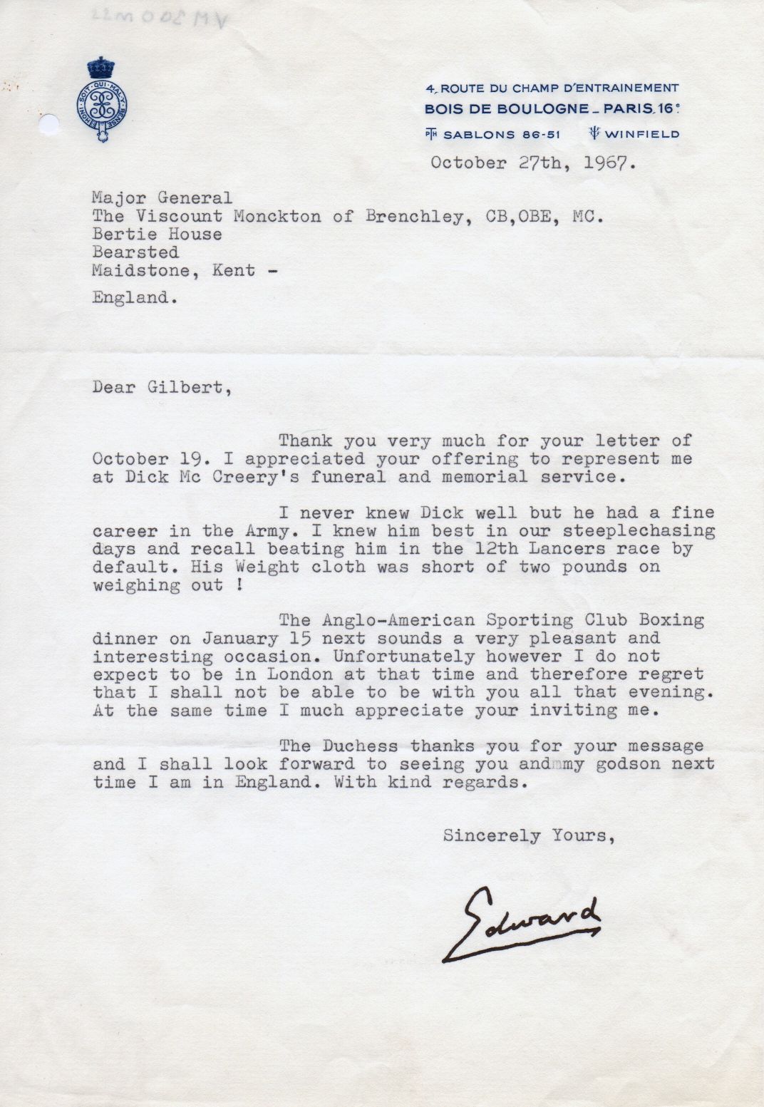 EDWARD VIII — Typed Letter Signed to Dear Gilbert (Gilbert Walter Riverside, b. 1915, 2nd Viscount Brenchley, Major-General), | Sophie Dupré Autographs