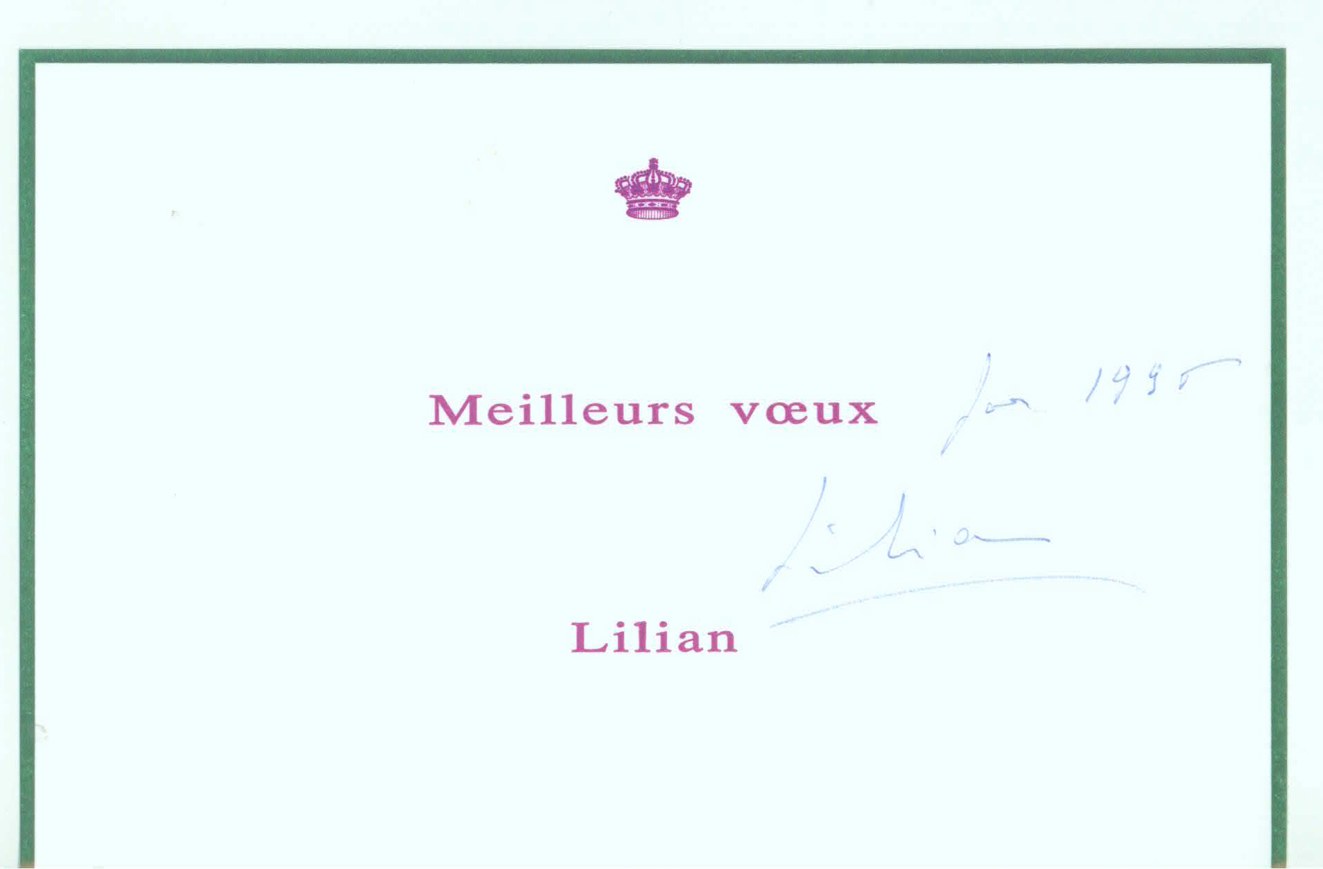 LILIAN — Signature on Meilleurs Voeux (Best Wishes) New Year card, | Sophie Dupré Autographs