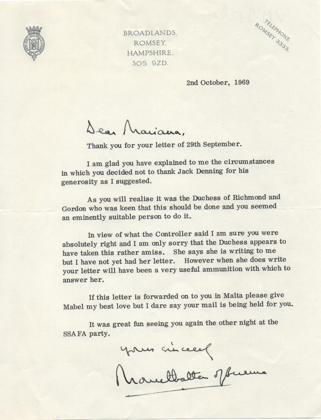 MOUNTBATTEN — Typed Letter Signed 'Mountbatten of Burma', with autograph salutation & subscription to Dear Mariana, Lady  MONCKTON  (Marianna Laetitia, Dame of Honour and Devotion, SMO Malta, OStJ, Pres., St John's Ambulance, Kent, High Sheriff of Kent) | Sophie Dupré Autographs
