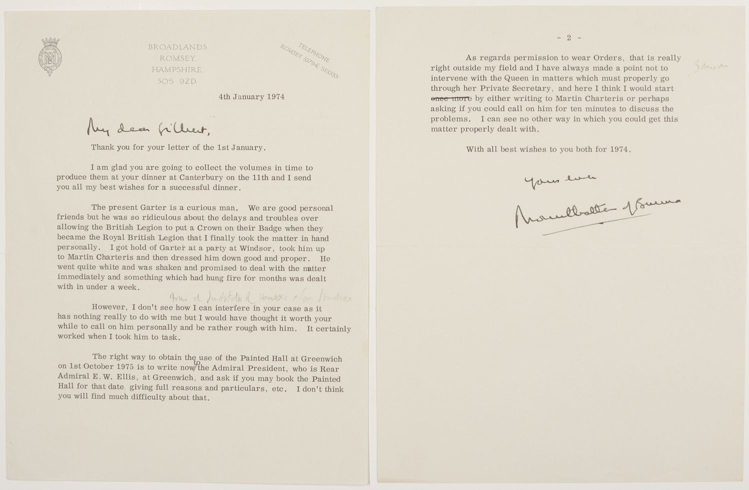 MOUNTBATTEN — Long Typed Letter Signed to 'My dear Gilbert'  Lord  MONCKTON  (Gilbert Walter Riverside, b. 1915, 2nd Viscount Brenchley, Major-General), | Sophie Dupré Autographs