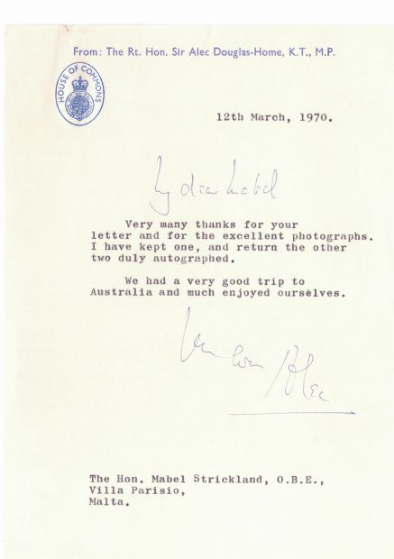 HOME — Typed Letter Signed 'Alec' to My dear Mabel,  STRICKLAND  (Hon. Mabel | Sophie Dupré Autographs