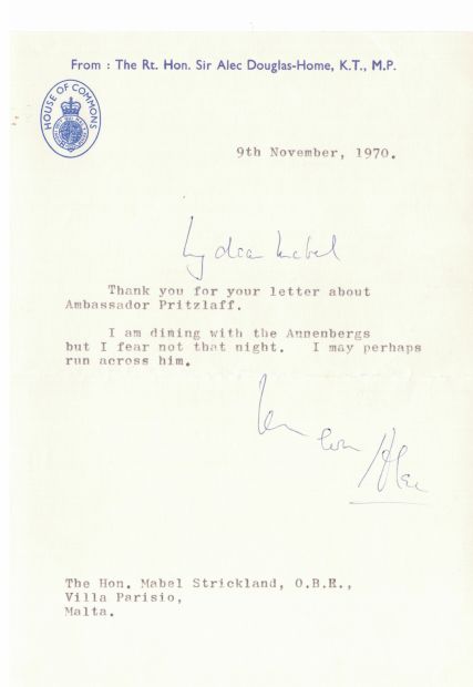 HOME — Typed Letter Signed 'Alec' to My dear Mabel,  STRICKLAND  (Hon. Mabel | Sophie Dupré Autographs