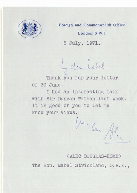 HOME — Typed Letter Signed 'Alec' to My dear Mabel,  STRICKLAND  (Hon. Mabel | Sophie Dupré Autographs