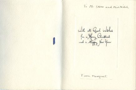 MARGARET — Charming early Christmas card, to Mr Stone (Dean of Windsor) and Miss Vidal, signed by the young Princess, | Sophie Dupré Autographs