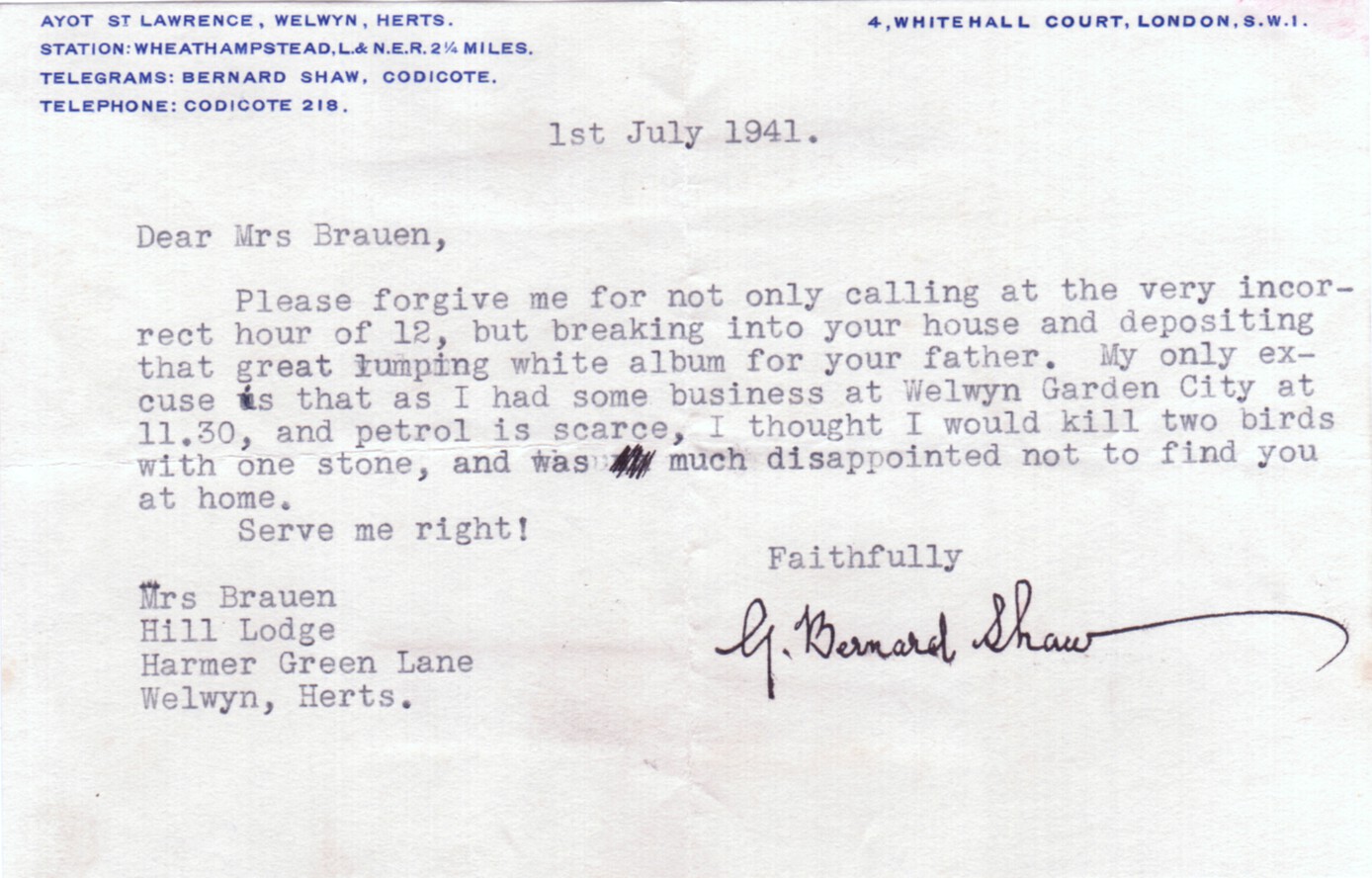 SHAW — Interesting Typed Letter Signed to Mrs Brauen, | Sophie Dupré Autographs