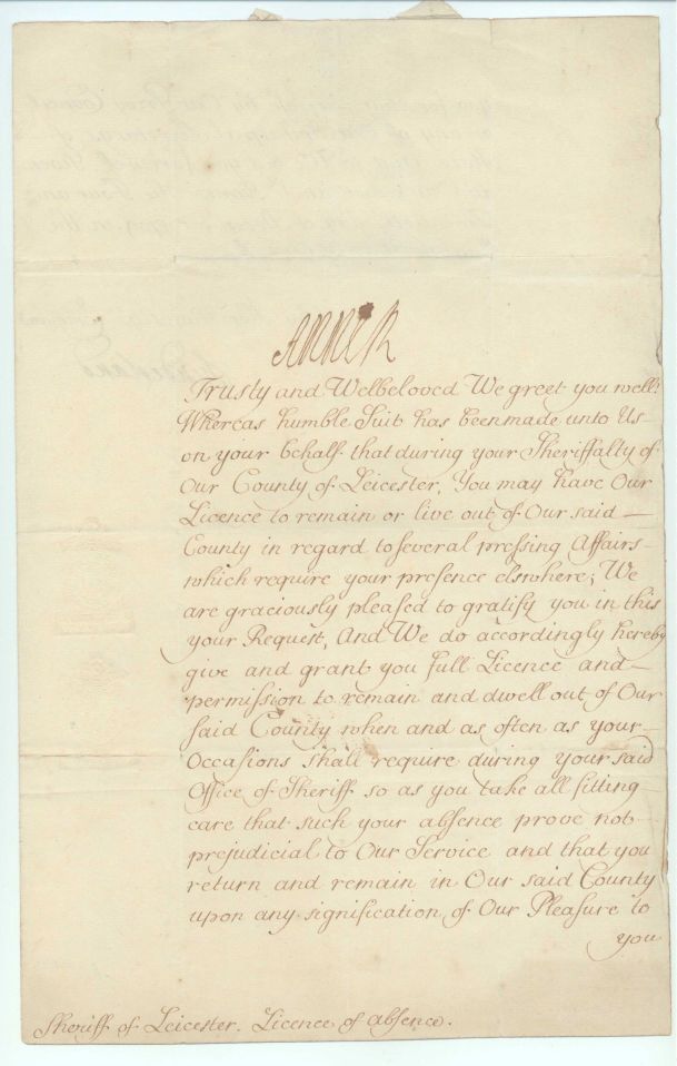 ANNE — Fine Document signed at the head, addressed to George Burton Sheriff of Leicester.  License of Absence, | Sophie Dupré Autographs