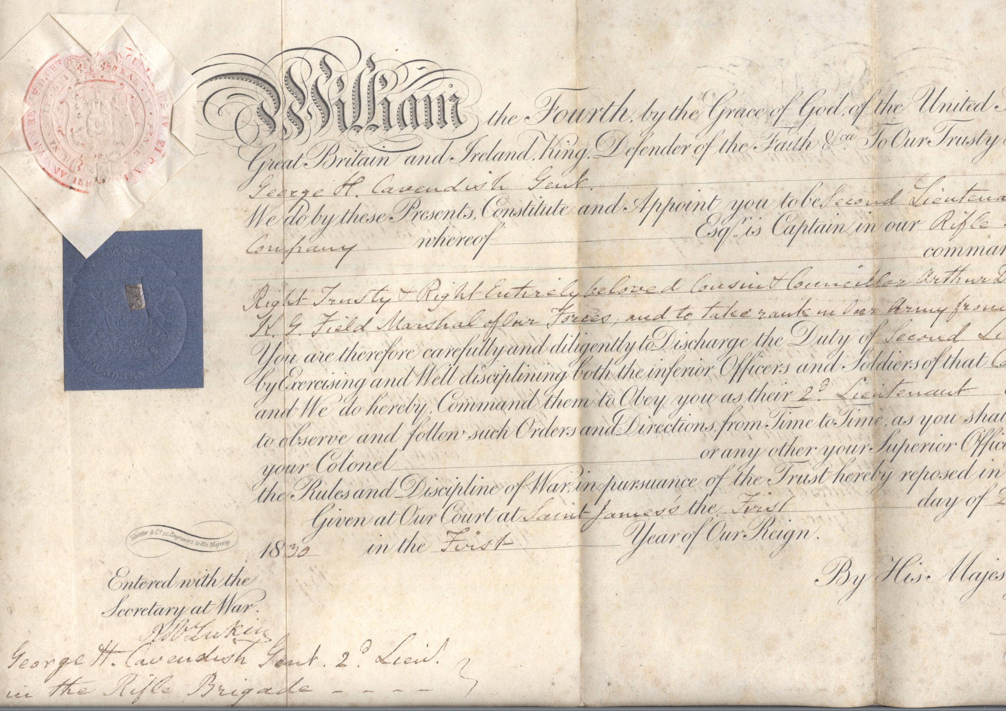 WILLIAM IV — Fine Commission Document signed by the King at the head, | Sophie Dupré Autographs