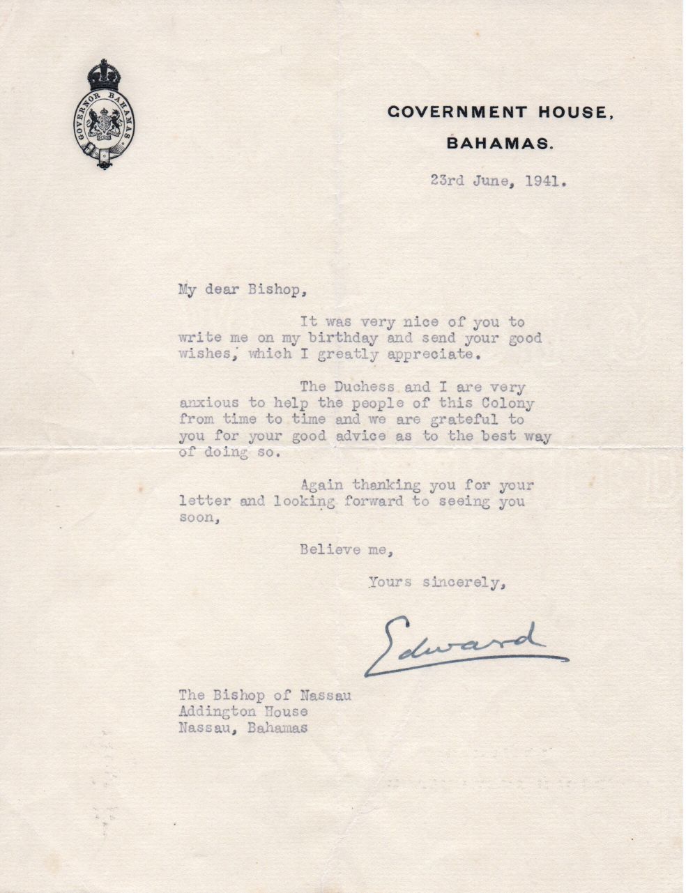 EDWARD VIII — Typed Letter Signed to the Bishop of Nassau | Sophie Dupré Autographs