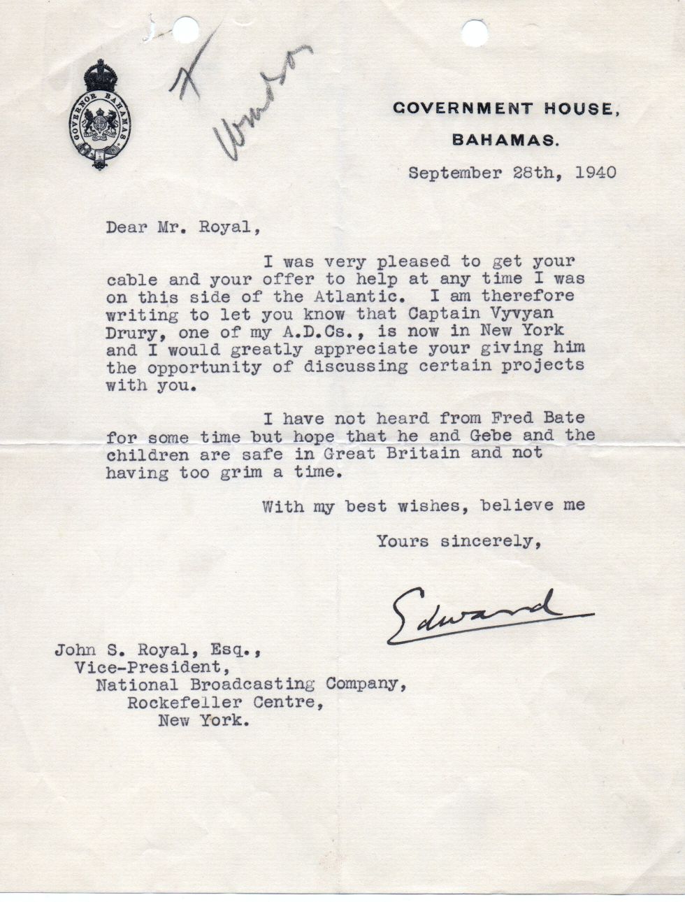 EDWARD VIII — Typed Letter Signed to John S. Royal, Vice Pres. of NBC in New York. | Sophie Dupré Autographs