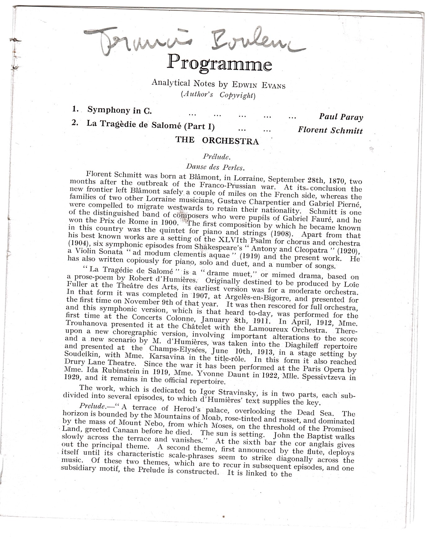 POULENC — Programme signed, at the head of the 2nd inside page, | Sophie Dupré Autographs