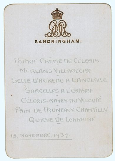 [GEORGE V — Menu for a dinner at Sandringham | Sophie Dupré Autographs