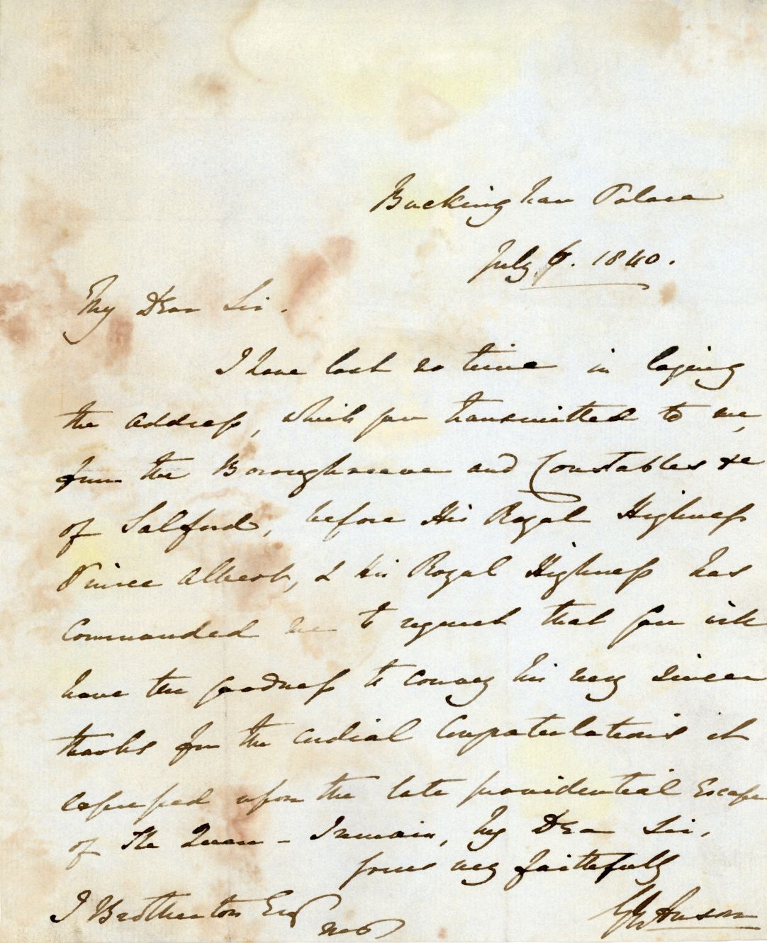 [ALBERT — Letter written by G. W. Anson on behalf of the Prince to J. Bedhamton, | Sophie Dupré Autographs
