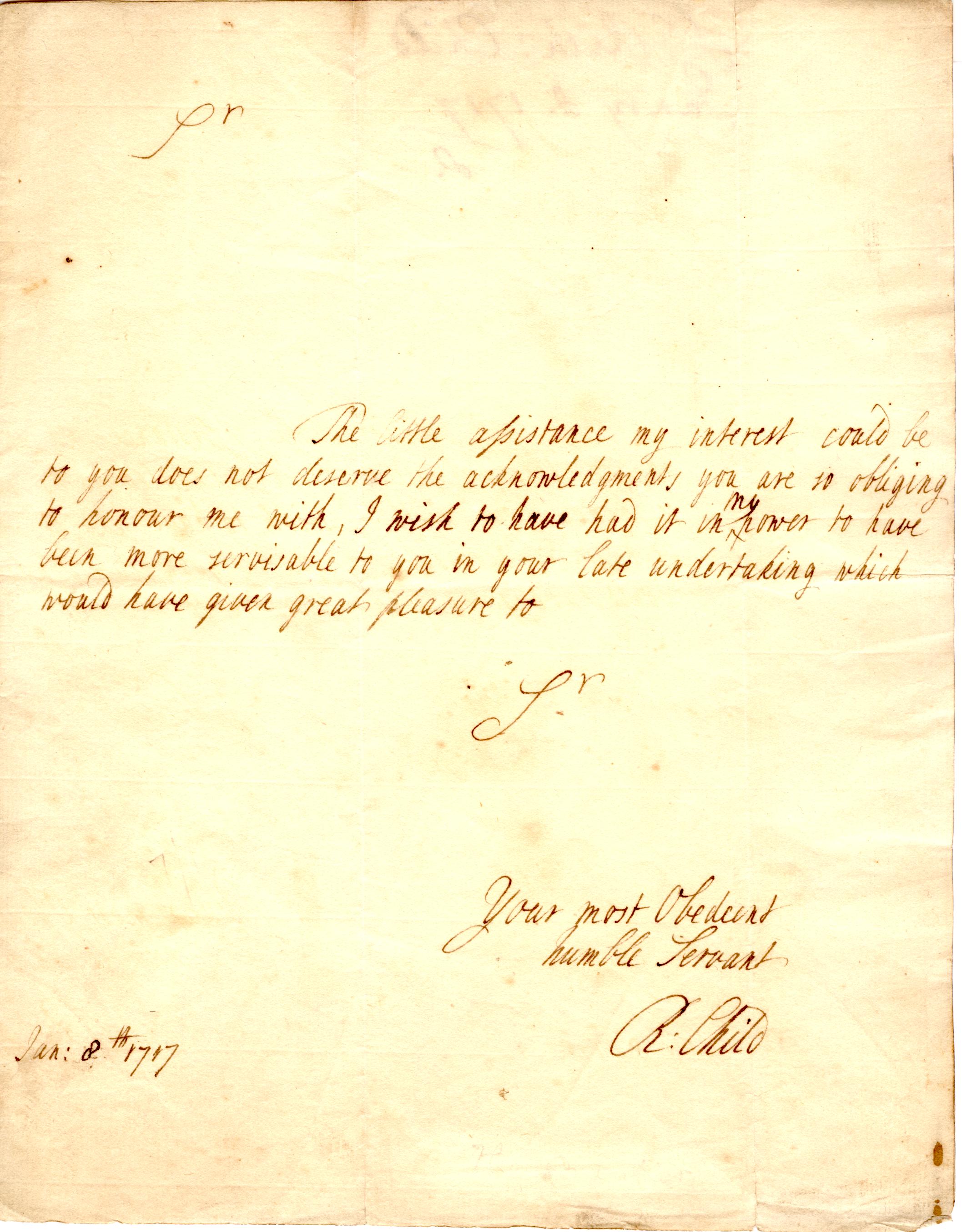 CHILD — Autograph letter signed 'R: Child' to 'Sr' | Sophie Dupré Autographs