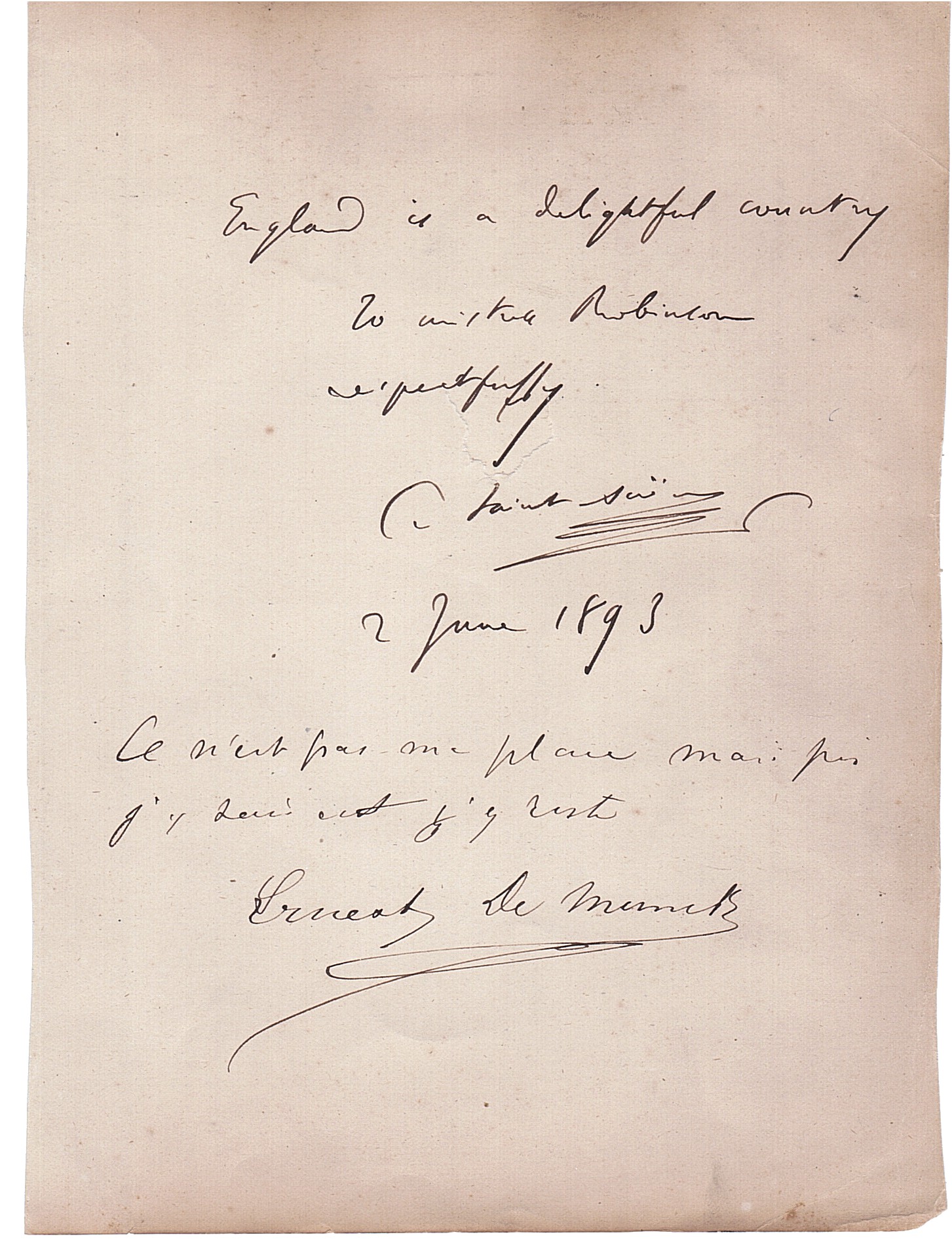 SAINT-SAËNS — Fine Autograph Note Signed and dated to Mr Robinson, | Sophie Dupré Autographs