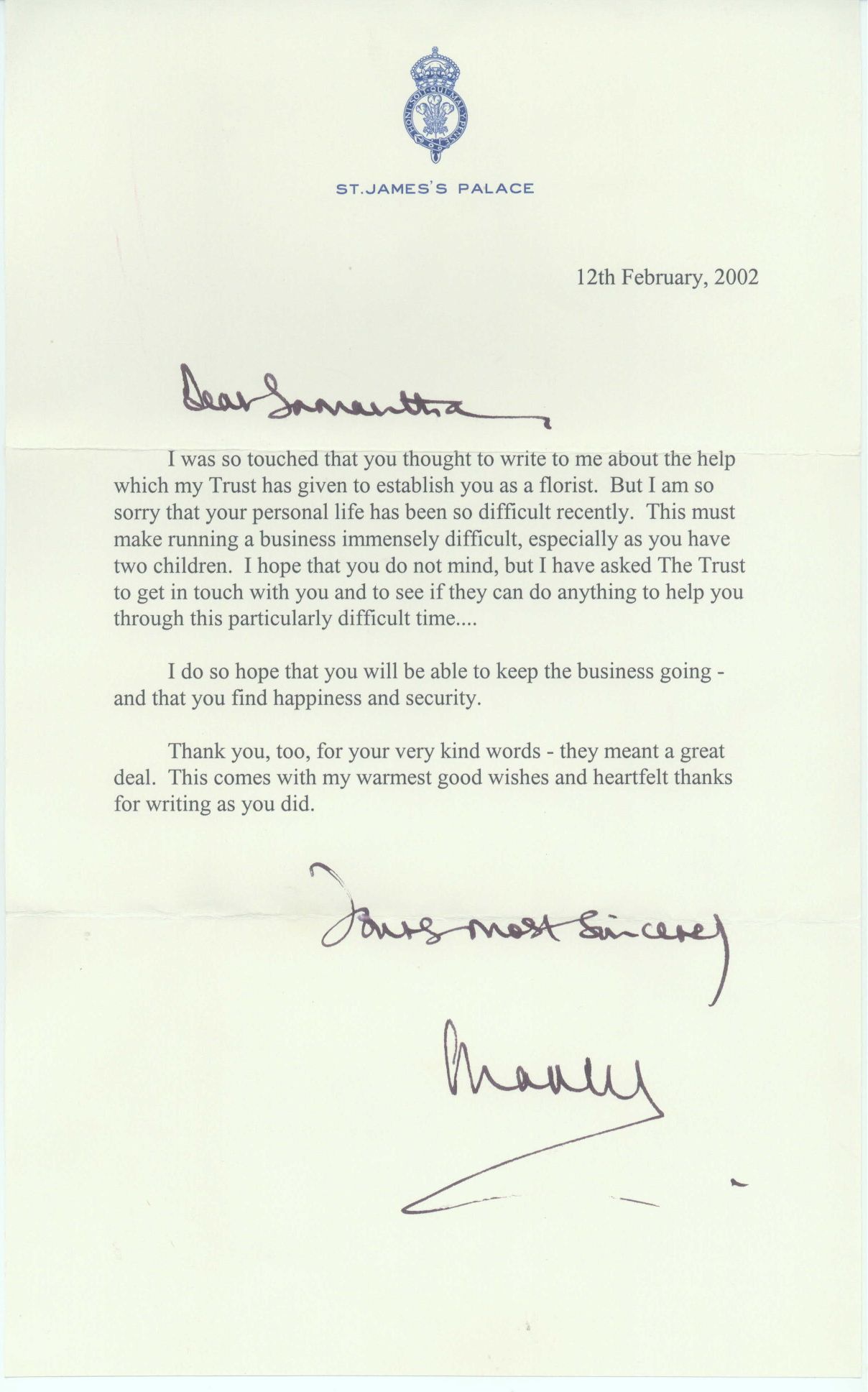 CHARLES III — Fine Typed Letter Signed with autograph salutation and subscription to Samantha Nellist, | Sophie Dupré Autographs
