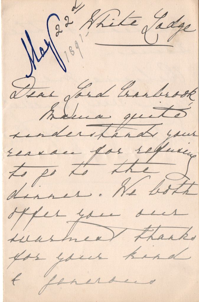 MARY — Autograph letter signed 'Victoria Mary of Teck' to 'Dear Lord Cranbrook' | Sophie Dupré Autographs