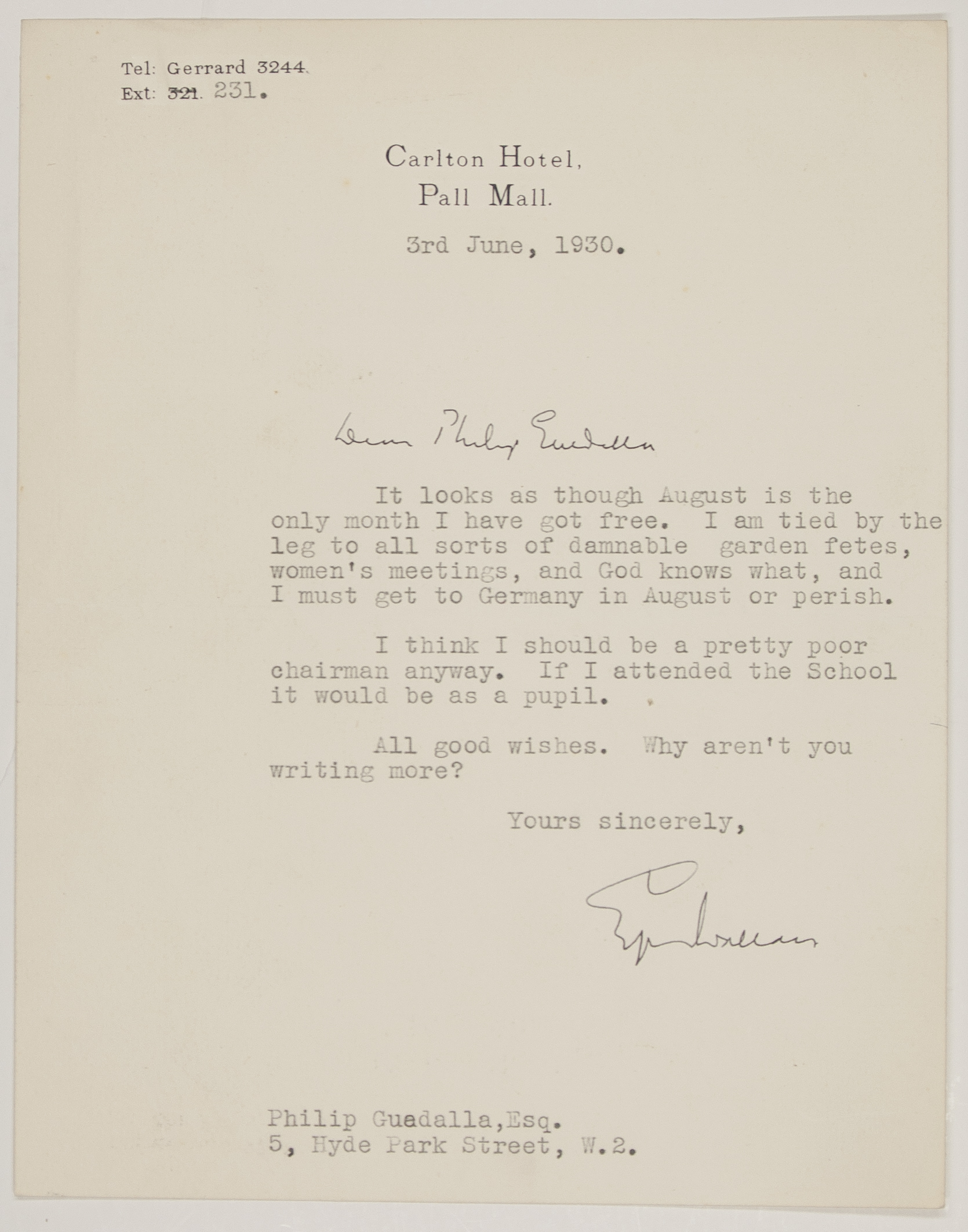 WALLACE — Fine Typed Letter Signed with autograph salutation to Philip Guedalla, | Sophie Dupré Autographs