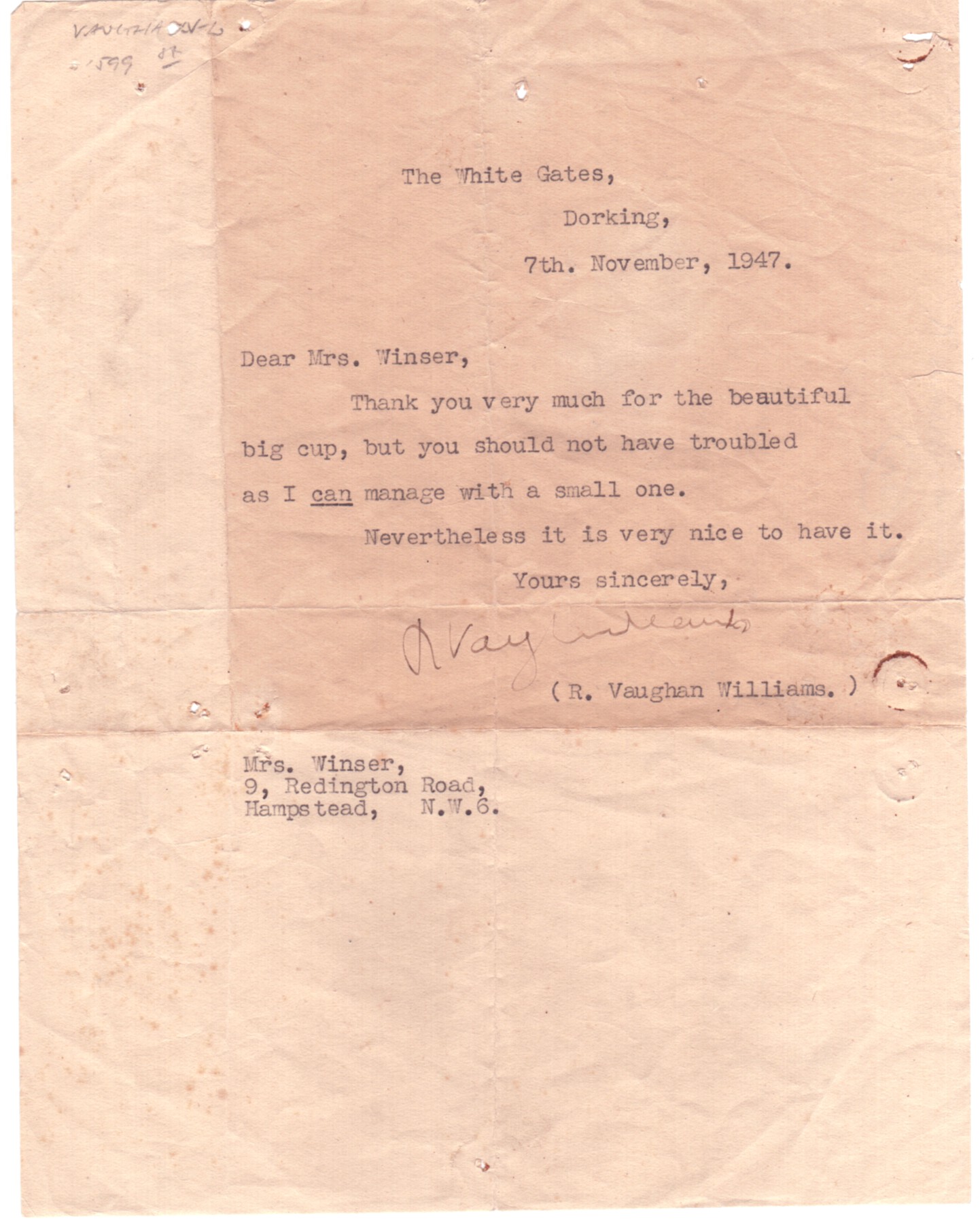 VAUGHAN WILLIAMS — Typed letter signed to Mrs Winser, | Sophie Dupré Autographs