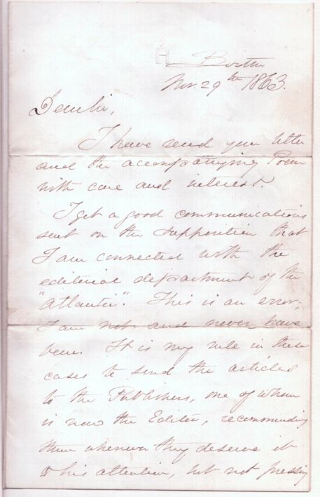 HOLMES — Fine collection of six Autograph Letters Signed to James McCARROLL | Sophie Dupré Autographs