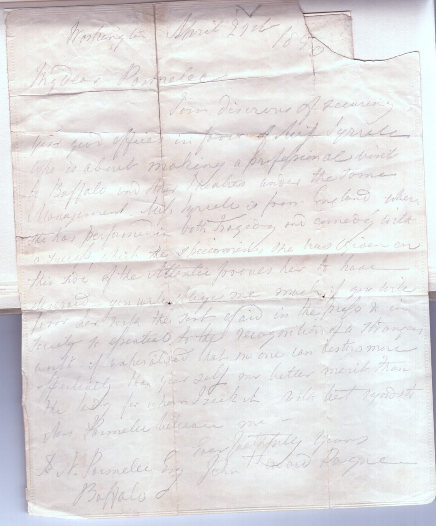 PAYNE — Evocative Autograph Letter Signed in pencil with a transcription to Thomas N. Parmelee in Buffalo, | Sophie Dupré Autographs