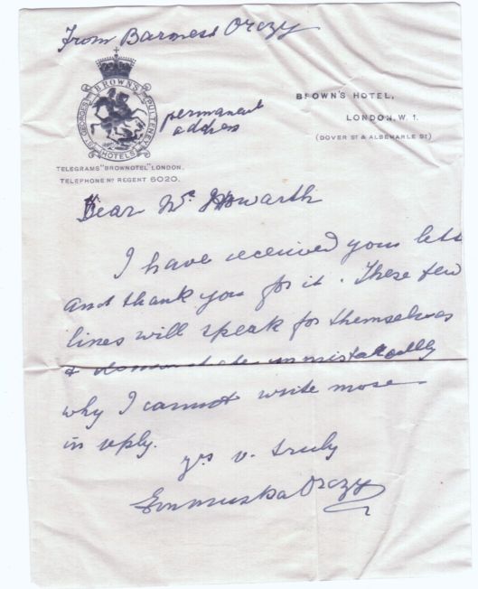 ORCZY — Autograph letter signed to Mr Howarth | Sophie Dupré Autographs