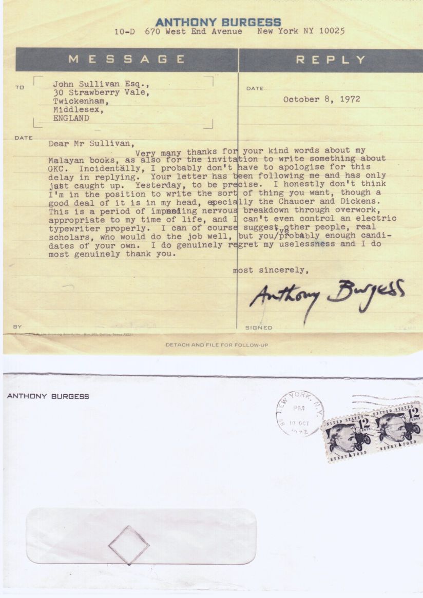 BURGESS — Typed letter signed on an air letter form to Mr John Sullivan | Sophie Dupré Autographs