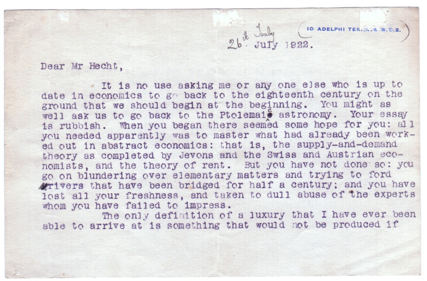 SHAW — Excoriating Typed Letter Signed to Mr Hecht in Switzerland | Sophie Dupré Autographs